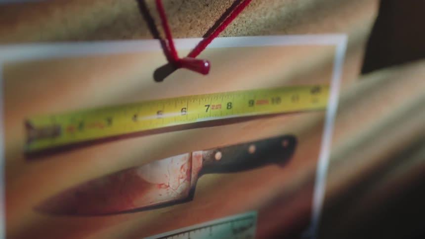 A photo of a knife from a crime scene pinned to a board with other notes