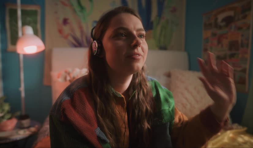 A teenage girl is sitting on her bed smiling and swaying to music she hears in her headphones