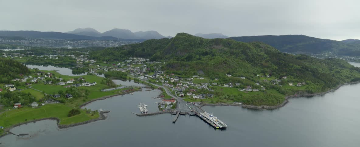 An aerial view of a Norwegian village in fjords