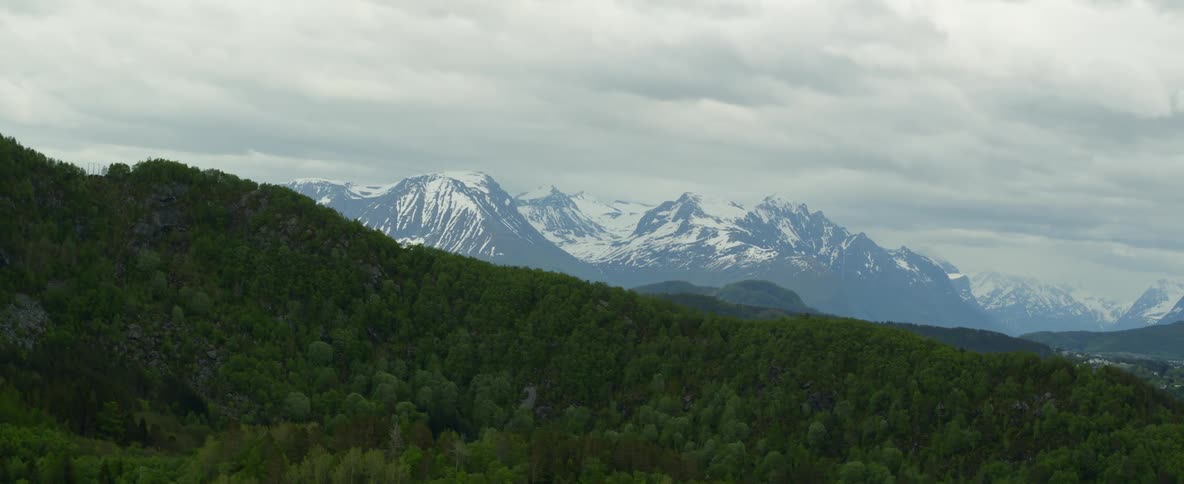 An aerial view of a Norwegian mountain range
