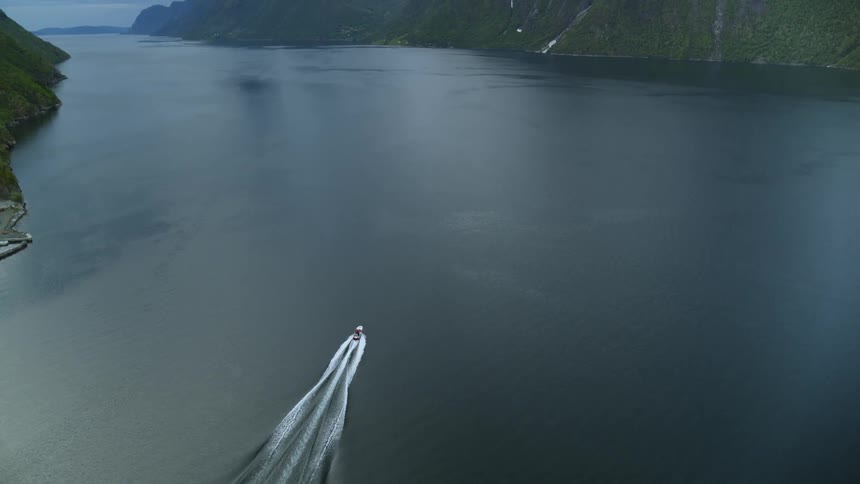 Aerial view of boat in Norway fjords