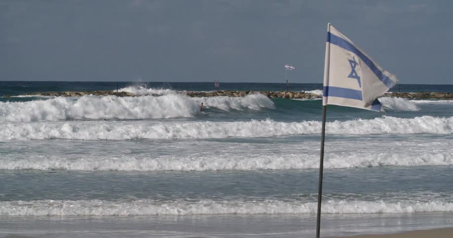 A flag is blowing in the wind of a beach