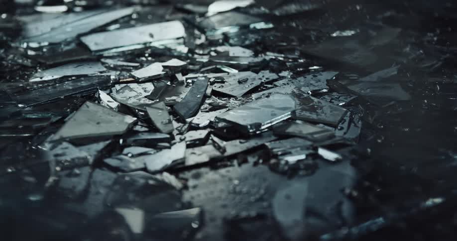 Pieces of broken glass sprinkled with water on the ground of a dark room reflecting light