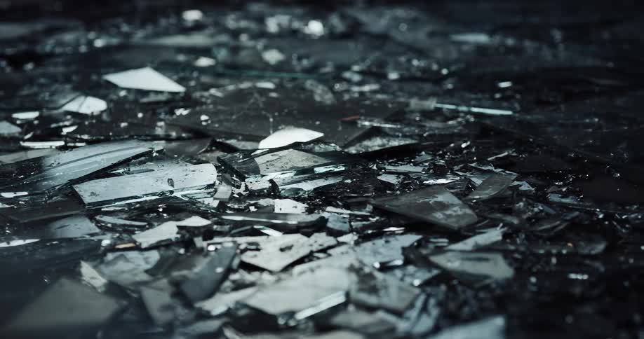 Red and blue lights flashing on shattered glass on the ground