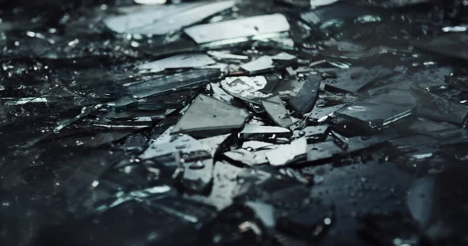 Pieces of broken glass sprinkled with water on the ground of a dark room reflecting light