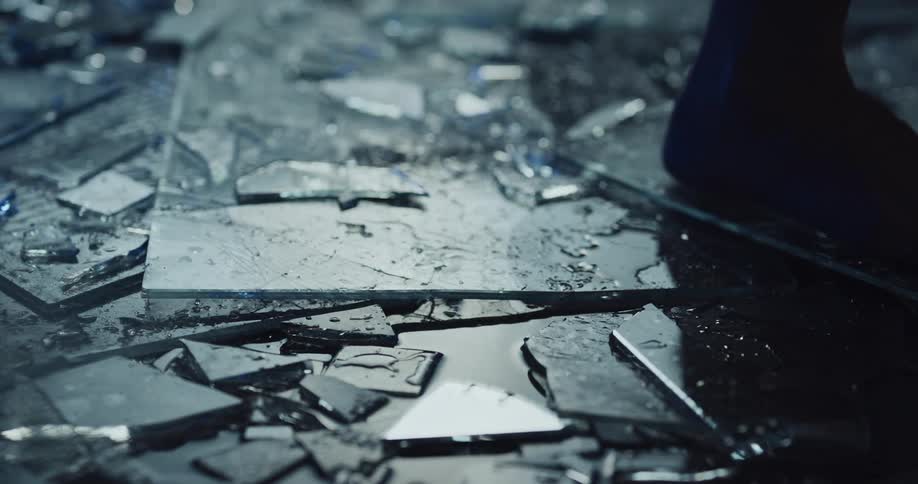 A person with bare feet is walking across broken glass in the rain
