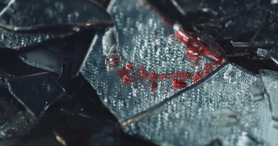 Flashing lights are reflecting off of bloody glass shards on the ground