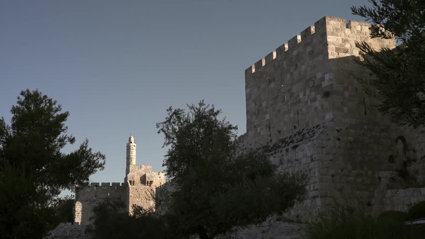 A stone castle with trees surrounding it