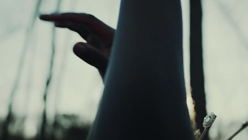 A woman dances with outside with her hands in the air