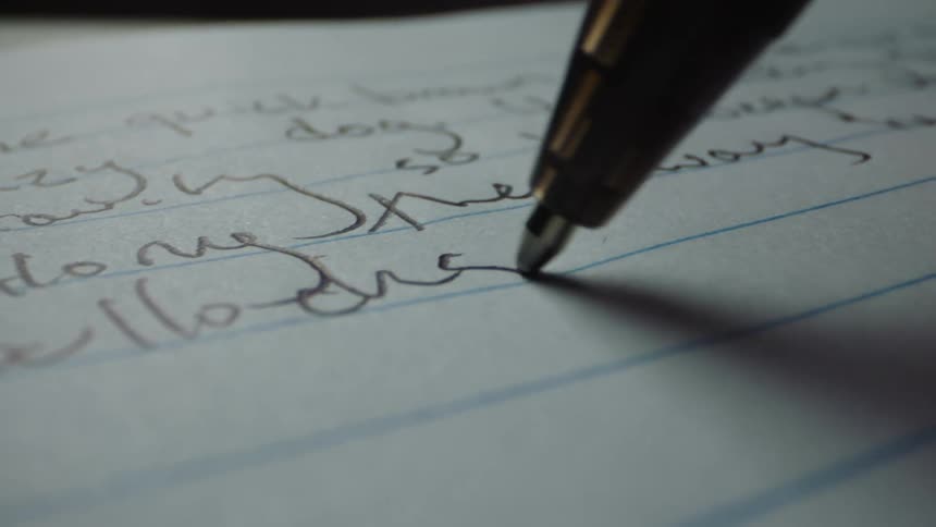 A pen is writing in the notebook