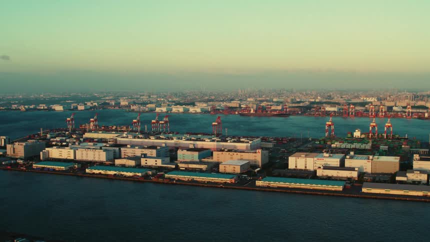 An aerial view of a shipping port