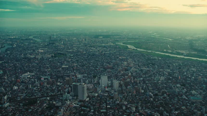 The buildings look small from high in the sky