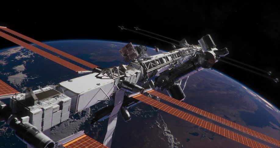 Space station orbits over earth surrounded by dark space