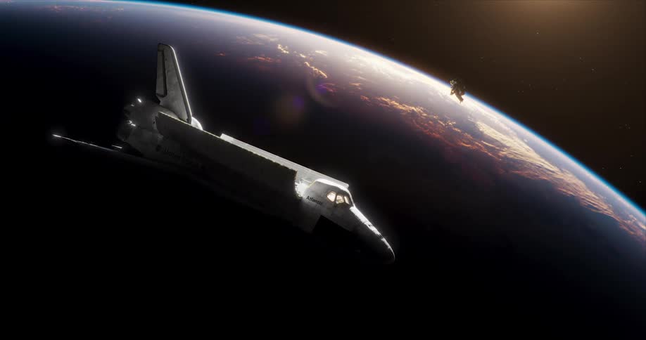 Astronaut floats toward open bay of space shuttle orbiting over earth