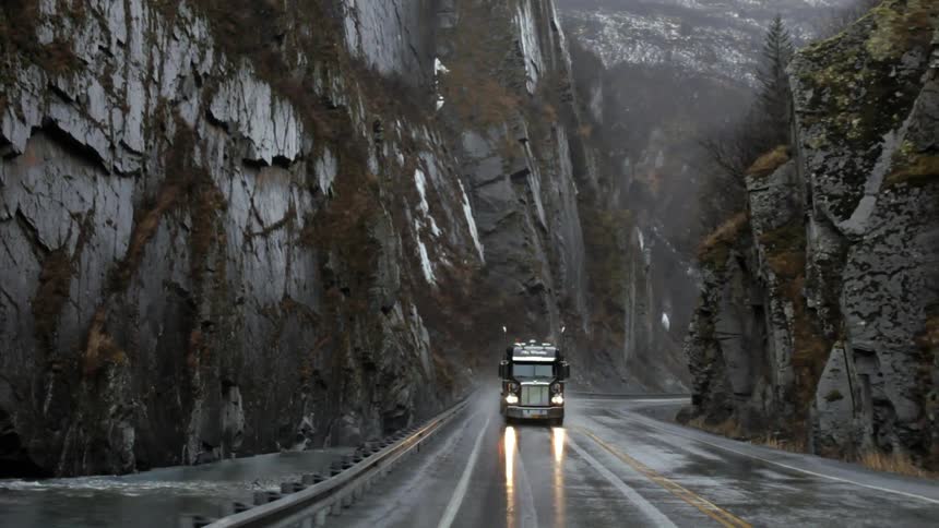 A large truck is pulling cargo along a wet road