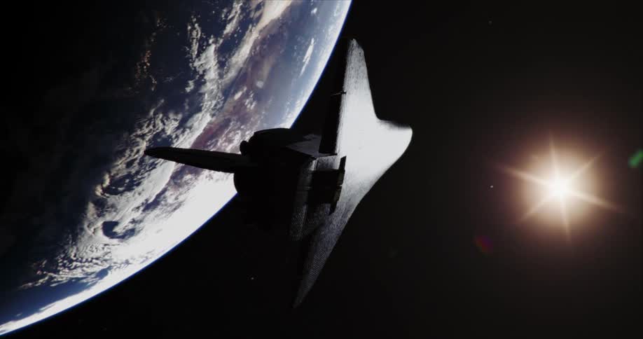 The space ship flies past earth