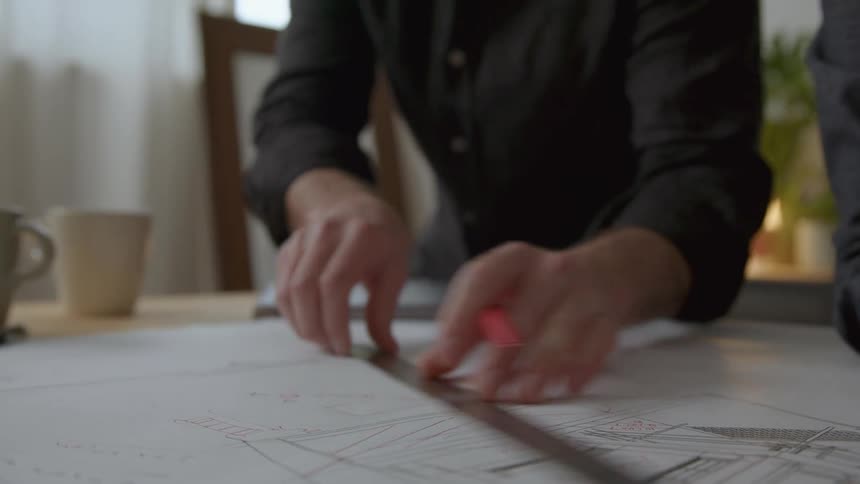 A man in an office draws on paper as another person stands next to him