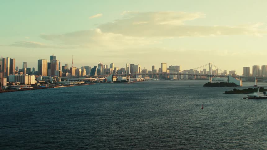 A large bridge is before the city