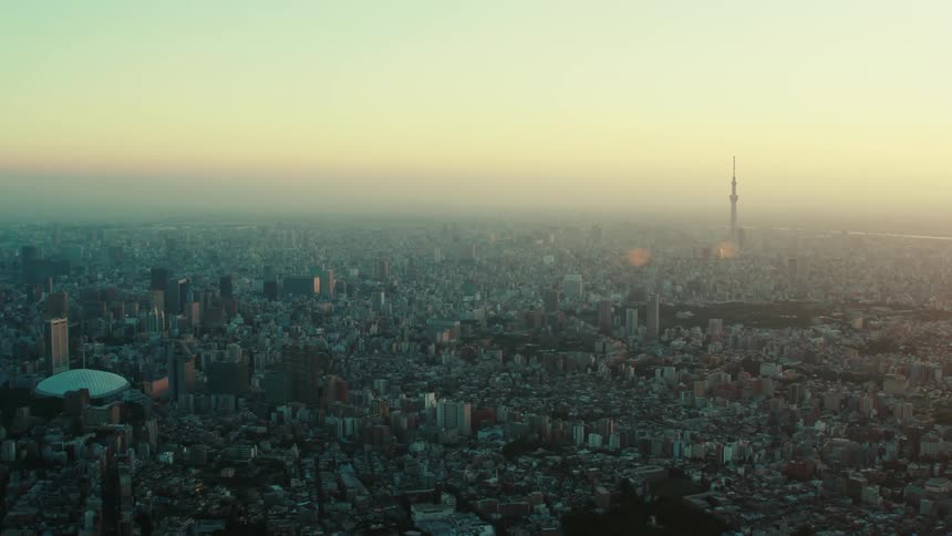 Aerial view of buildings in a crowded city with a tower in the distance under a hazy sky