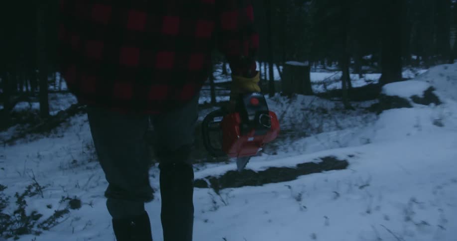 A man is walking in the snow through the woods carrying a log on his shoulder and a chainsaw in his hand