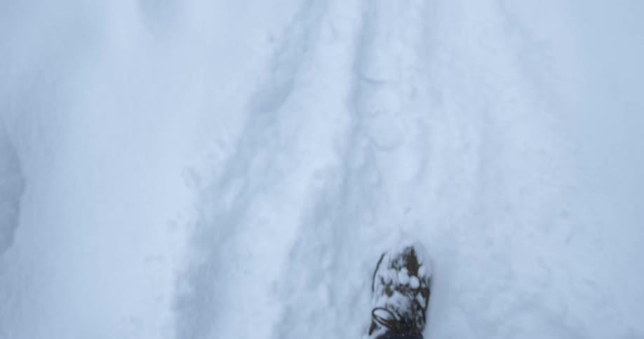 Close up of feet walking in the snow