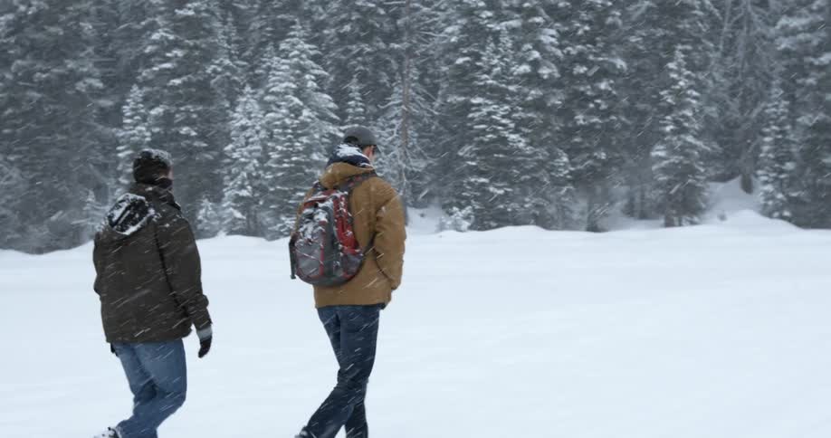 Two men walk in the wilderness during a snowstorm