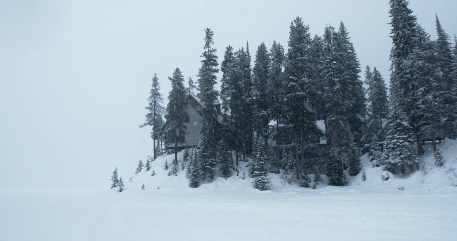 Snow is falling heavily over a field with a house on a small hill