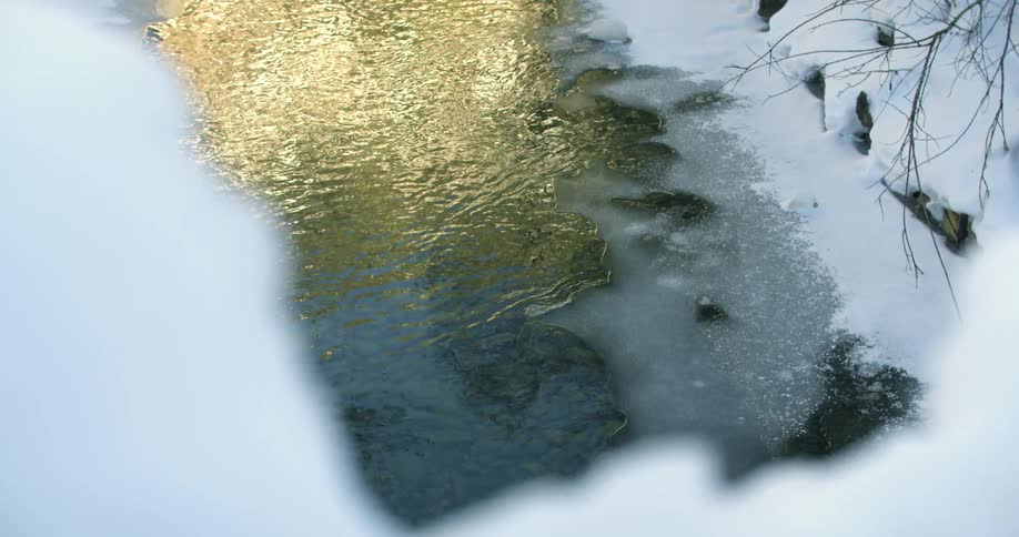 Ice and snow surrounded a small stream below