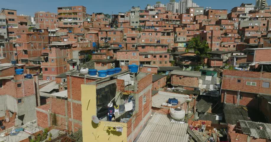 Aerial view of houses and buildings in the suburbs