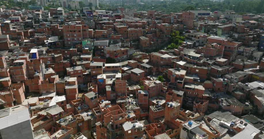 Aerial view of houses and buildings in the suburbs