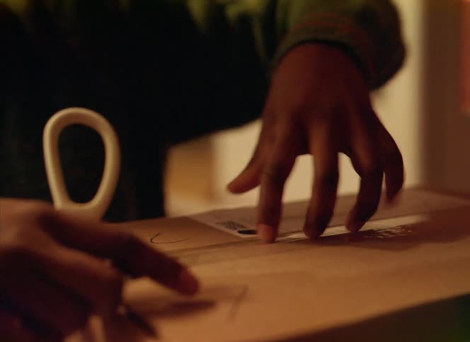A woman places a package on the counter then grabs the scissors to open it up