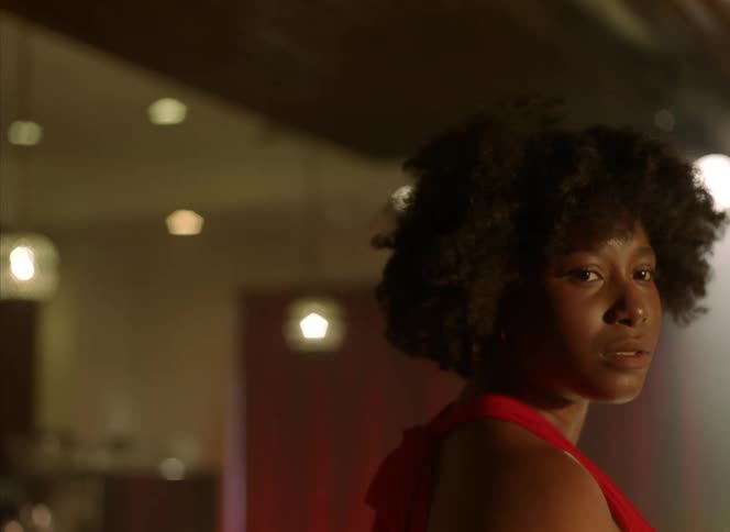 A black women is standing inside a room wearing a dress