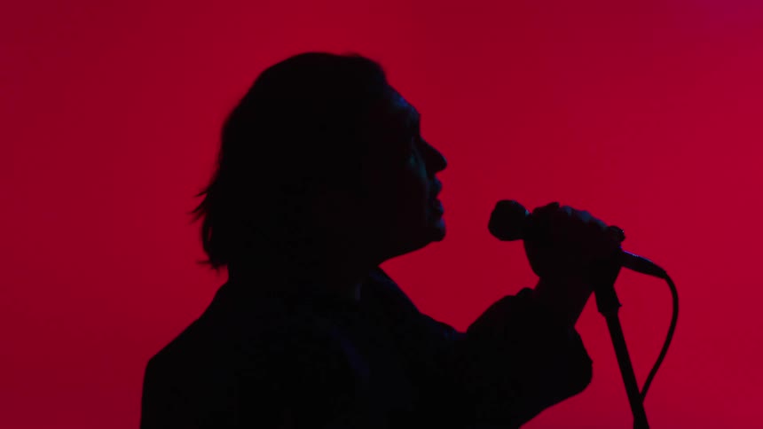Singer performs with a standing microphone partially silhouetted against a colored background