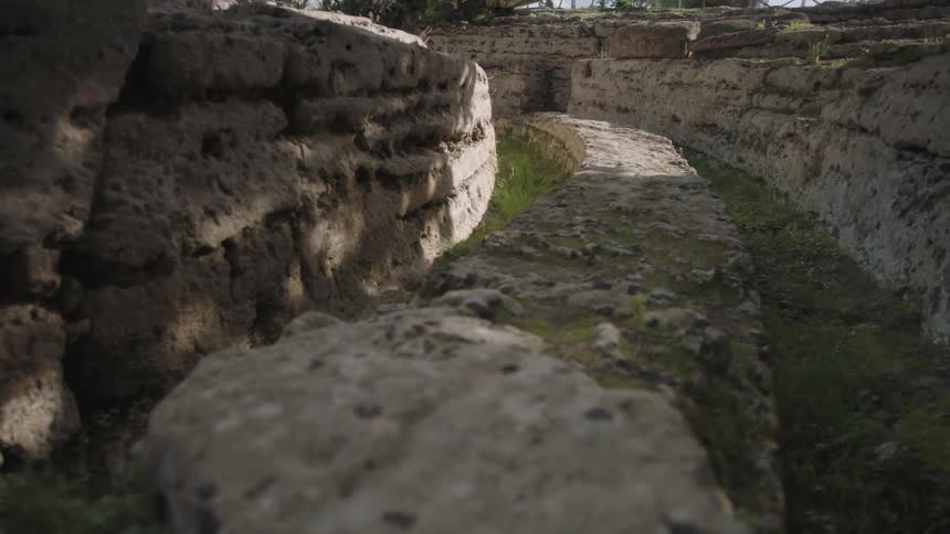 Stone steps are covered with grass and are chipped