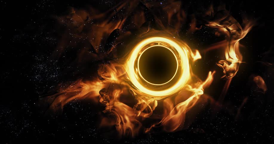 An orange ring around a tunnel is glowing in the darkness as wisps move from the circle