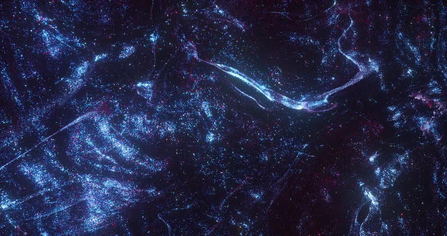 Particles flow among blue ribbons and streaks against a black background