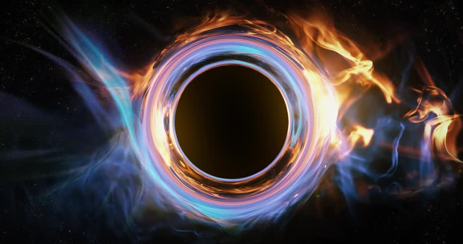 A light blue and orange glowing circle turns as it spreads and grows as wisps blend into the darkness
