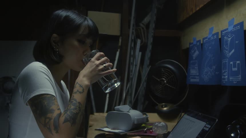 Woman with bob hairstyle earrings piercing white t shirt and tattoos drinks a glass of water while working on laptop in dark room
