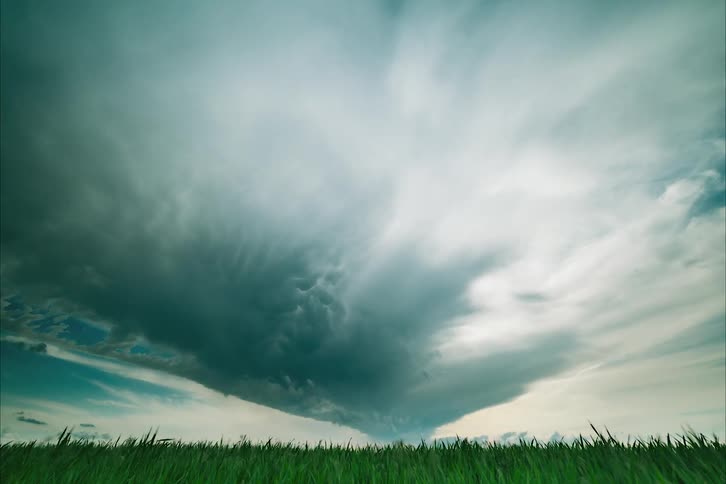 Time lapse of white clouds on a blue sky passing over a grass field at daytime