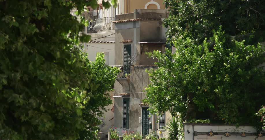 Strong winds through trees surrounding an apartment building