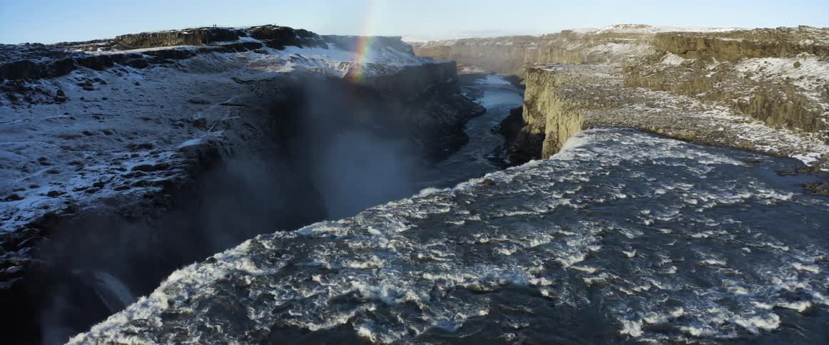 Camera turns slowly over a large waterfall