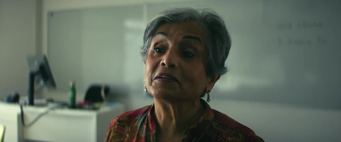 University professor with gray hair earrings and red dress gives lecture in class