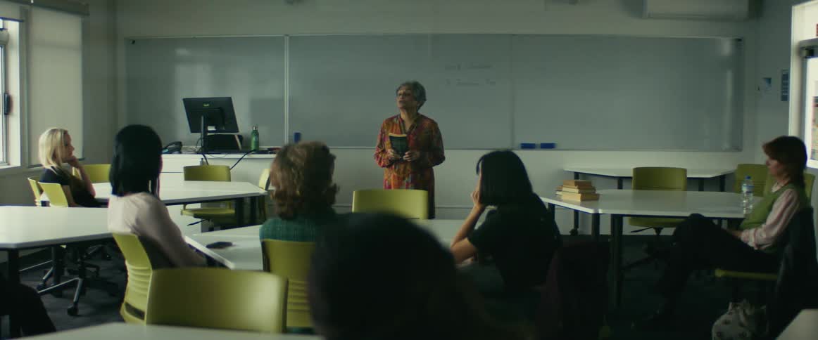 University professor giving a lecture in front of students sitting on chairs in a classroom