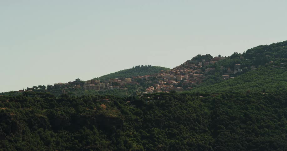 A thick forest covers a mountain range