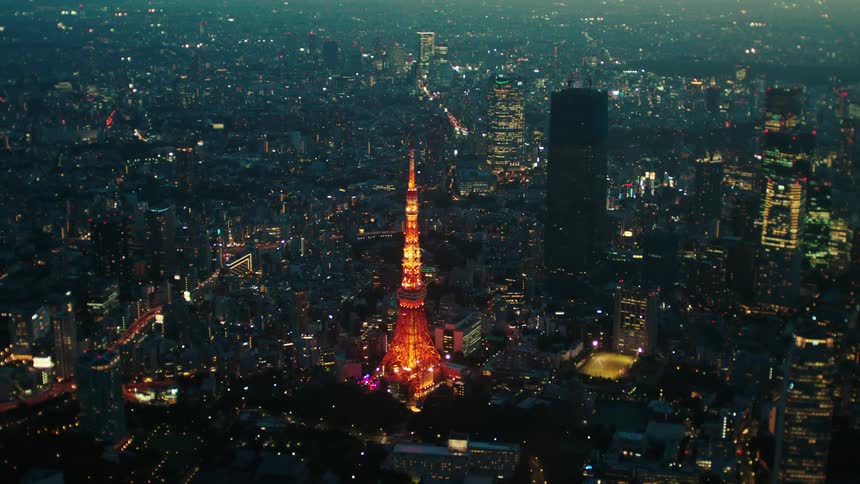 Aerial view of the tokyo communication and observation tower on the city skyline at evening