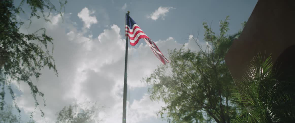 American flag raised on a flagpole in the backyard waving in the wind