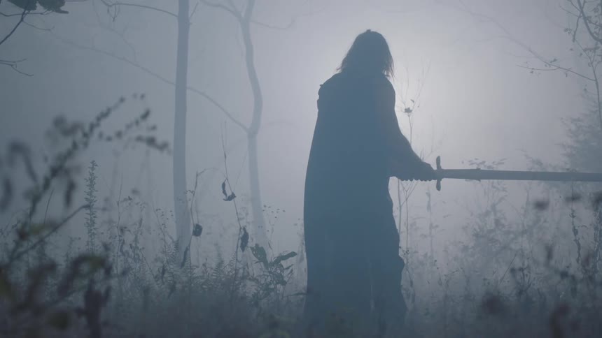 A man carrying a sword cautiously walks through the trees