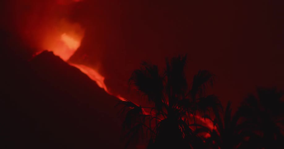 A volcanic eruption in the darkness of night