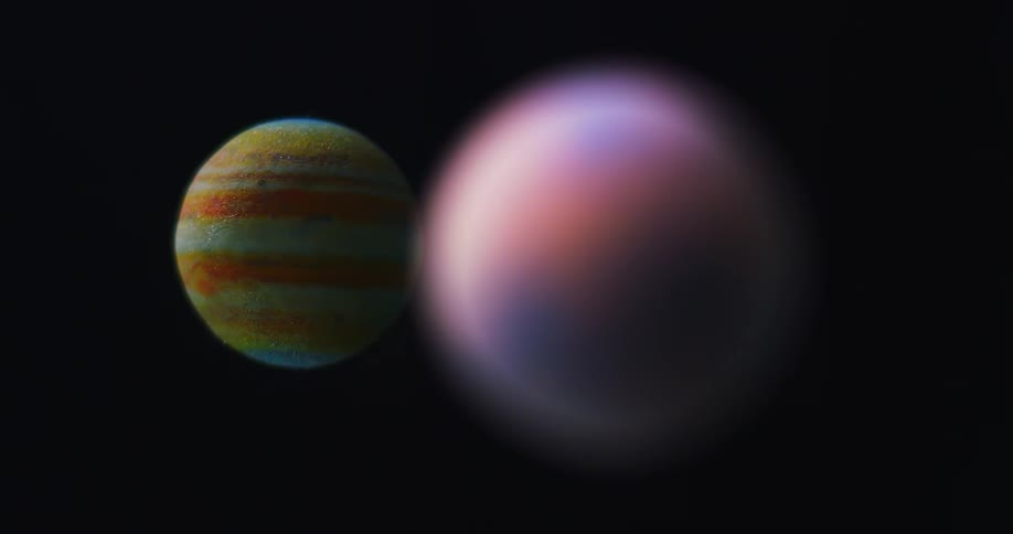 Jupiter like planet spinning behind an out of focus planet floating in the dark of space