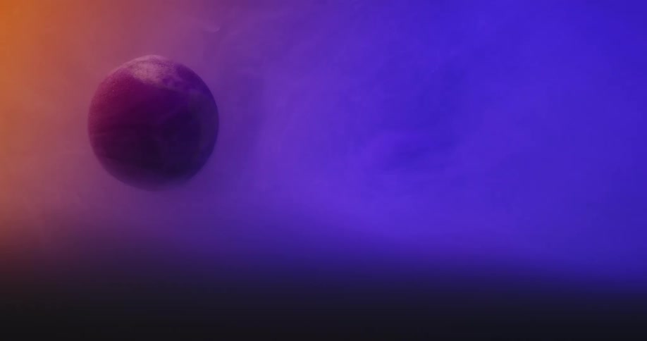 A dark sphere is floating in a purple and pink hazy environment